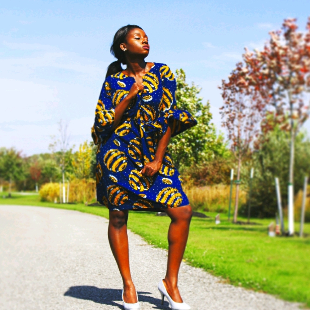 Yellow Abstract Blue Dress with Puffy Sleeves